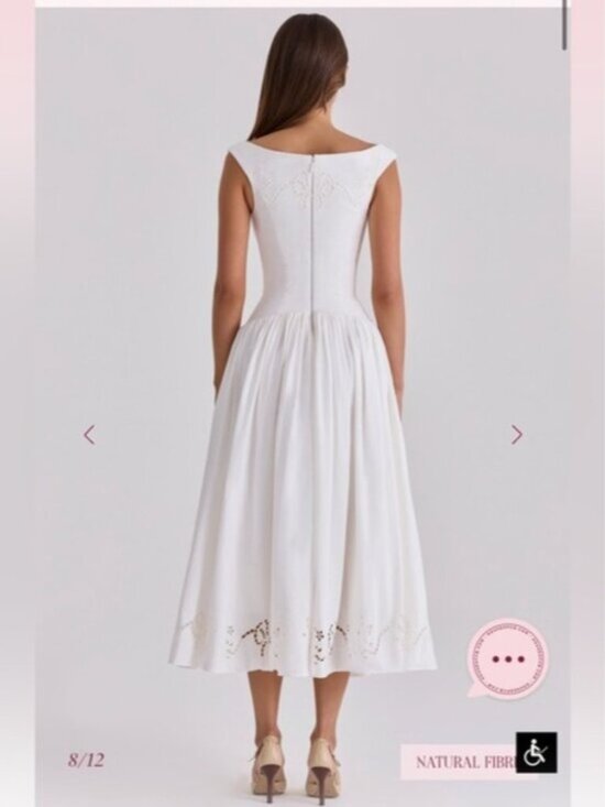 House of CB • Lauren Off-Shoulder White Midi Dress with Eyelet Hem - Picture 7 of 9
